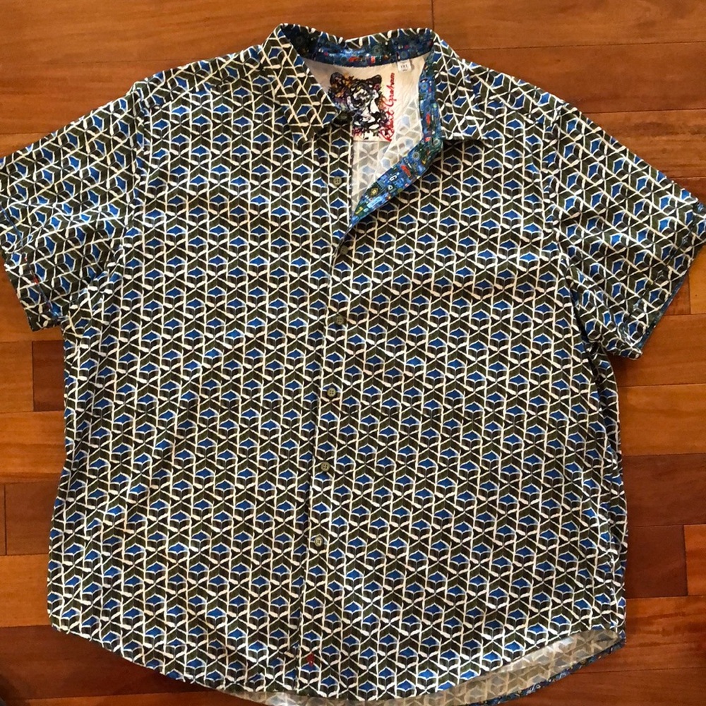 Gorgeous Blue and Olive green Short sleeve Robert Graham 3XL shirt